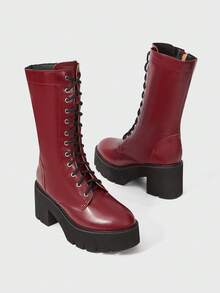 Sugerpunk Women's Fashion Red Thick Sole Motorcycle Mid-Calf Boots