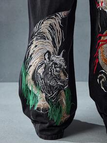 ROMWE MEN Anime Quần jean ống rộng dáng rộng thêu rồng Trung Quốc cho nam - màu đen - Xem 10