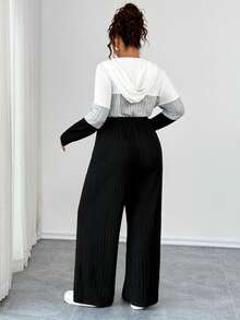 EMERY ROSE Plus Size V-Neck Ring Zipper Decor Long Sleeve Soft Knitted Ribbed Fuzzy Tricolor Contrast Splice Casual Jumpsuit, Home Jumpsuit Fall - Multicolor - View 2