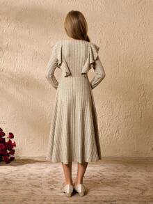 Tween Girl' Round Neck Long Sleeve Ruffle Waist Elegant Halloween Christmas Dress - Grey - View 2