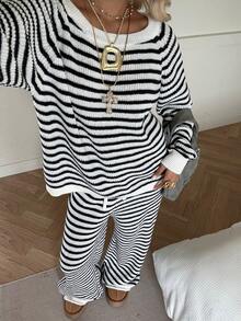 SHEIN EZwear Women's Black And White Striped Casual Sweater Set Two Piece Set Women Comfy Striped Two Piece Set Striped Lounge Set - Black and White - View 6