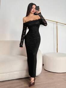 SHEIN PETITE 女式露肩长袖蕾丝拼布迷你连衣裙，夏季连衣裙春装 - 黑色 - 查看 9