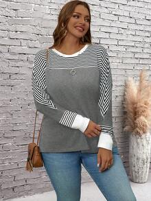 EMERY ROSE Plus Size Casual Loose Fit Round Neck Striped Batwing Long Sleeve T-Shirt - Grey - View 3