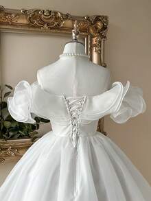 Lovelzi 优雅浪漫的白色超大立体花朵露肩聚拢蓬松连衣裙适合约会婚礼季晚宴单身派对返校季毕业季假新娘送礼会礼服，小白裙，新娘