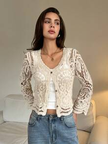 SHEIN Tall 女士度假休闲镂空钩针开衫秋冬装 - 杏色 - 查看 4