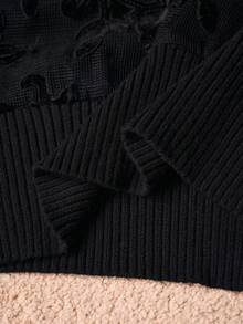 MOTF PREMIUM Femmes Couleur Unie Velours Dentelle Col Rond Manches Longues Tricot Pull, Automne/Hiver - Noir - Voir 9