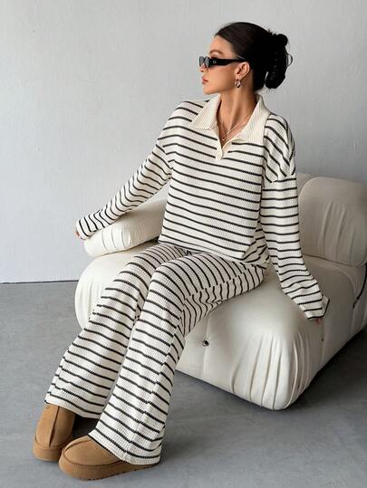 SHEIN Tall Women's 2pcs Set Loose Striped V-Neck Drop Shoulder Long Sleeve T-Shirt &Elastic Waist Striped Pants, Winter Sweater Suit ,Autumn/Winter Two Piece Set Women Comfy Two Piece Lounge Set Lounge Wear Striped Set Comfortable Two Piece Set,Fall,Fall Clothes For Women