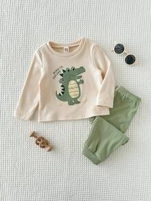 Cozy Pixies 2pcs Baby Boy Cartoon Dinosaur Contrast Color Crew Neck Long Sleeve Pullover Top And Elastic Waist Pants Set, Thermal Lined, Suitable For Winter Baby Boy Clothes Long Sleeve Neutral Baby Clothes Unisex 2026 Dinosaur Baby Boys Outfit Baby Casual Sets