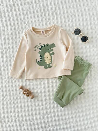 Cozy Pixies 2件套男婴卡通恐龙撞色圆领长袖套头衫和松紧腰裤套装，带保暖内衬，适合冬季男婴穿着，长袖中性色婴儿服装，男女通用，2026恐龙男婴套装，婴儿休闲套装