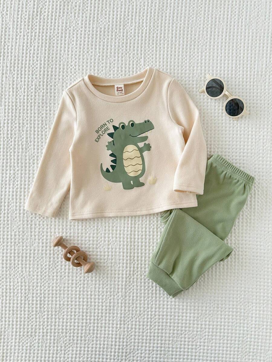 Cozy Pixies 2pcs Baby Boy Cartoon Dinosaur Contrast Color Crew Neck Long Sleeve Pullover Top And Elastic Waist Pants Set, Thermal Lined, Suitable For Winter Baby Boy Clothes Long Sleeve Neutral Baby Clothes Unisex 2026 Dinosaur Baby Boys Outfit Baby Casual Sets