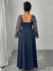 Cravure Đầm maxi dài tay chữ A dáng chữ A lãng mạn, cổ vuông, eo bo chun, họa tiết hoa 3D, thanh lịch, thích hợp mặc hàng ngày, hẹn hò, đi làm, cỡ lớn dành cho nữ - Màu xanh hải quân - Xem 2