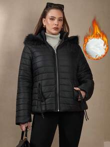 SHEIN Clasi 大码女式棉质羽绒服，优雅短款黑色羽绒服，带口袋和连帽毛领，适合秋冬季穿着。 - 黑色 - 查看 6