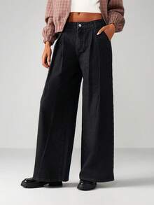 MISSGUIDED 高腰阔腿褶皱牛仔裤深色水洗复古阔腿裤带口袋 - 黑色 - 查看 1