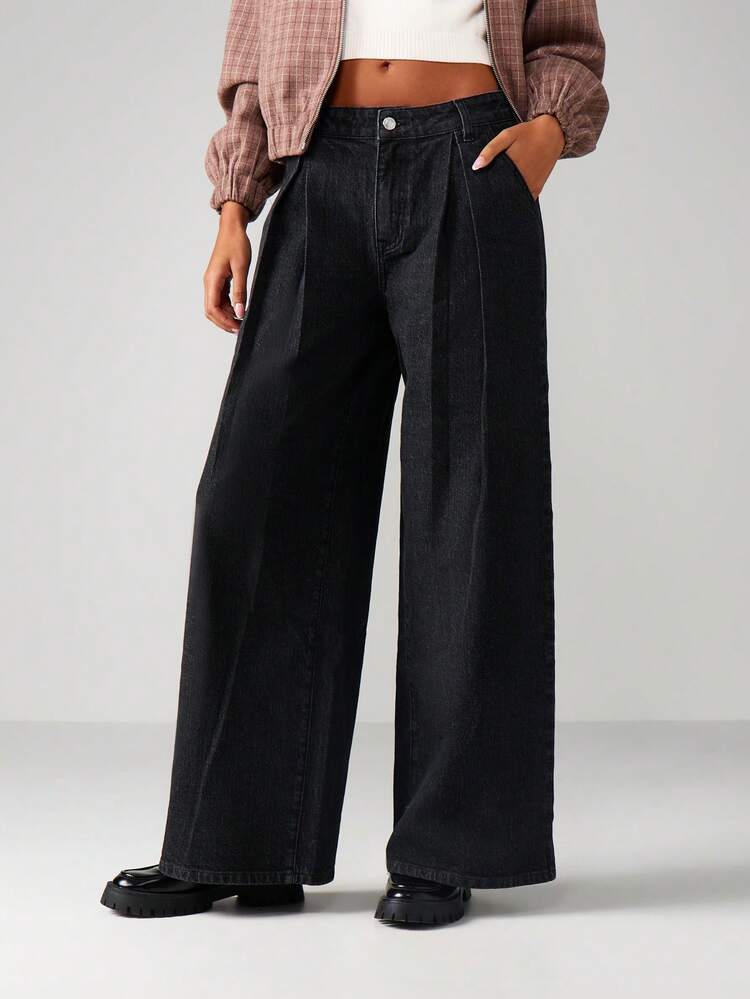 MISSGUIDED High Waisted Wide Leg Pleated Denim Jeans Dark Wash Vintage Palazzo Style Pants With Pockets