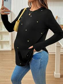 SHEIN Áo thun dài tay rộng rãi in hình trái tim cho bà bầu - màu đen - Xem 5