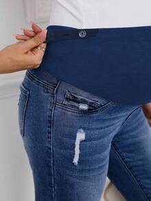 SHEIN Winter Maternity Casual Washed Distressed Skinny Jeans - Dark Wash - View 7