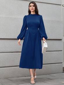 Modelyn 女士纯色灯笼优雅长款系带连衣裙 - 藏蓝色 - 查看 5