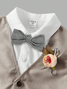 Young Boy 3-Piece Suit: Khaki Vest, Elastic Waist Pants, Bow Tie & Long Sleeve Shirt, Gentleman Style, Spring/Summer,In Fall/Winter