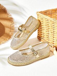 Styleloop Giày lười mũi tròn đế bằng thêu lưới màu mơ thời trang, thích hợp cho các buổi hẹn hò, tụ tập, mua sắm, tiệc tùng, Giáng sinh, Halloween - Vàng - Xem 1