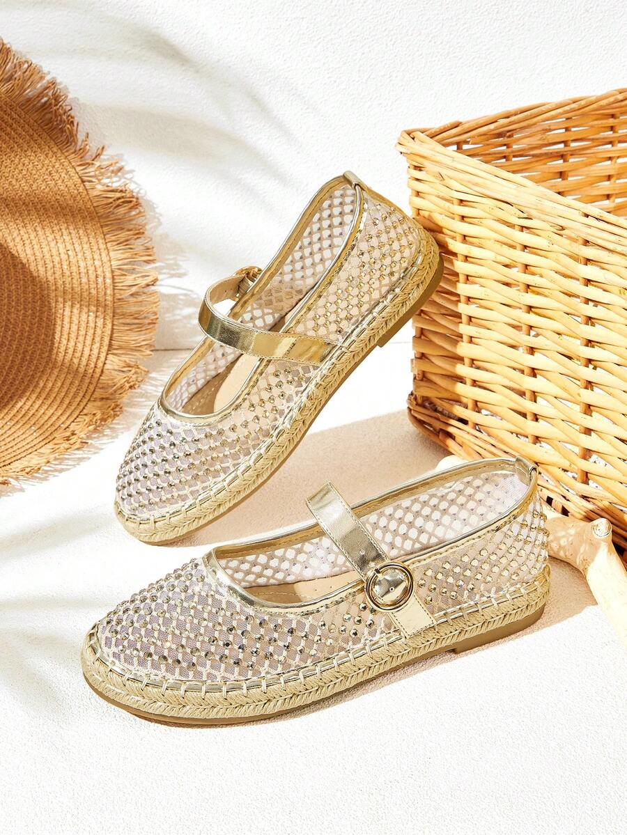 Styleloop Giày lười mũi tròn đế bằng thêu lưới màu mơ thời trang, thích hợp cho các buổi hẹn hò, tụ tập, mua sắm, tiệc tùng, Giáng sinh, Halloween - Vàng - Xem 1