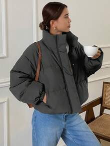 DAZY 前开式宽松女式夹棉大衣、长袖夹克 - 灰色 - 查看 8