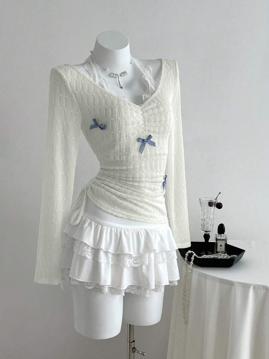 Elamini 蝴蝶结撞色蕾丝领口褶饰腰部修身长袖 T 恤 - 薄荷綠 - 查看 1