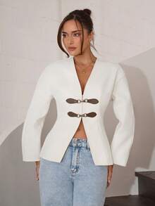 Modelyn Chaqueta corta casual de manga larga con cuello en V y hombros caídos para mujer, ropa de otoño e invierno - Albaricoque - Ver 3