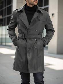 Manfinity Mode 男士街头风 INS 同款黑色纯色防尖领双排扣翻领宽松长袖风衣，纯色休闲风衣，男友老公周年纪念礼物，灰色 - 深灰色 - 查看 3