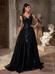 Aureia Váy maxi dài tay cổ chữ V bằng vải satin mỏng đính hạt sequin đen thanh lịch, đuôi cá dài thướt tha, phù hợp cho mọi dịp trang trọng, đám cưới, sự kiện, hẹn hò, kỳ nghỉ, tiệc tùng, dạ tiệc - màu đen - Xem 6