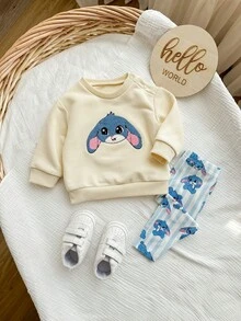 SHEIN 新生女婴可爱卡通图案长袖卫衣套装，秋冬 - 白色 - 查看 4