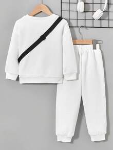 2 件套年轻男孩针织提花纹理长袖运动衫和裤子套装，秋冬时尚休闲装 - 白色 - 查看 2