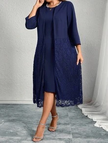 EMERY ROSE 大码女式两件套：优雅水钻装饰圆领 3/4 袖蕾丝拼接镂空刺绣开衫夹克和圆领纯色背心裙，适合所有季节 - 藏蓝色 - 查看 5