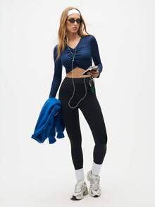 SHEIN Sports Women's Navy Blue Ruched V-Neck Long Sleeve Crop Top, Stretch Athleisure Workout Tee For Gym And Daily Wear - Navy Blue - View 6