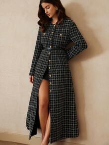 BELROSIE Elegant Autumn Black And White Checkered English Style Plaid Cross Pattern Metal Buckle Thick Fabric Double Pocket A-Line Long Sleeve Dining Dress - Black and White - View 6