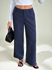 SHEIN Tall 女士休闲时尚夏季度假条纹印花口袋宽松裤，适合日常穿着 - 藏蓝色 - 查看 3