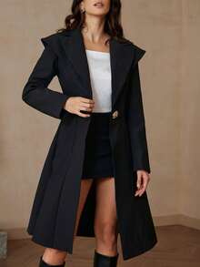 GENKIRA Desain Elegan, Kerah Lebar Terstruktur, Pinggang Ramping, Blazer Panjang Asimetris Kancing Tunggal - Hitam - View 3