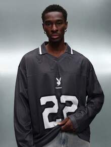 PLAYBOY X SUMWON Regular Fit Long Sleeve Football Mesh Tee With Contrast Collar And Number Print - Black - View 1