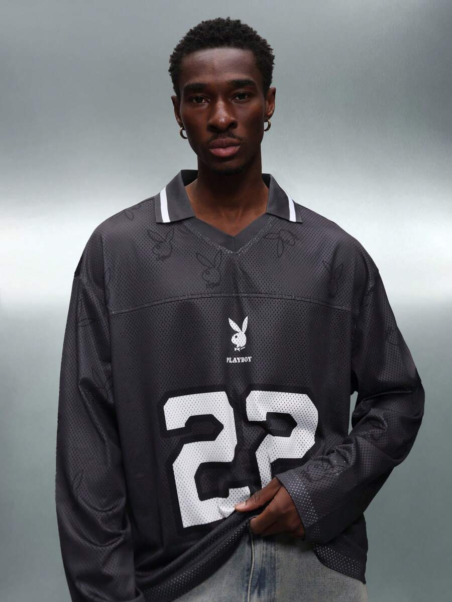 PLAYBOY X SUMWON Regular Fit Long Sleeve Football Mesh Tee With Contrast Collar And Number Print - Black - View 1