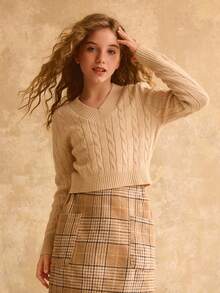 Tween Girls' V-Neck Cable Knit Pullover Sweater, Soft & Comfortable, Suitable For Daily, Outdoor, Travel, Vacation, Home, Daycare, And Children's Play Cropped Sweater