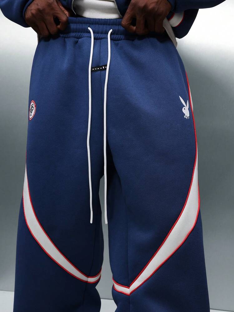 PLAYBOY X SUMWON Wide Leg Navy Sweatpants With Stripe Detail