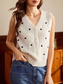 Vintamour Women's Heart Embroidery Front Button V-Neck Sweater Vest Autumn Winter Clothes For Women Thanksgiving - Apricot - View 1