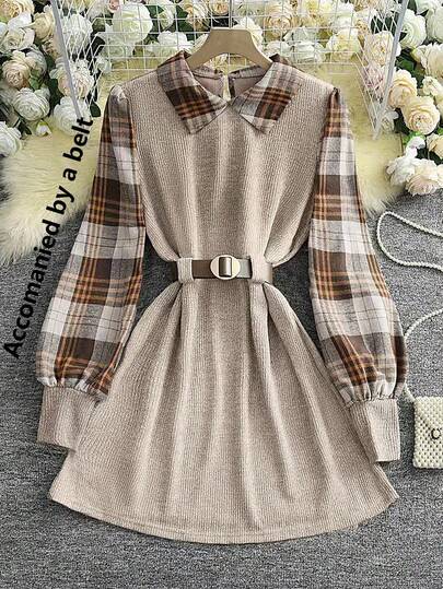 SHEIN Franclia Daily Casual Commuting Urban Plaid Patchwork Shirt Collar Waist Knitted Elastic Belt Decoration Women's Autumn And Winter Short Dress Ladies Elegant Dress Ladies Winter Wear Women's Casual Dress Women's Dress