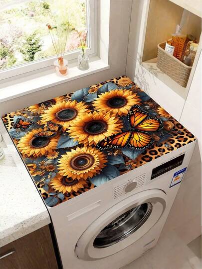1pc Home Decor, Sunflower Black & White Plaid Washing Machine Dust Cover, Absorbent Table Mat, Quick Dry Refrigerator Mat, Modern Washer And Dryer Top Cover, Laundry Room And Kitchen, Home Goods