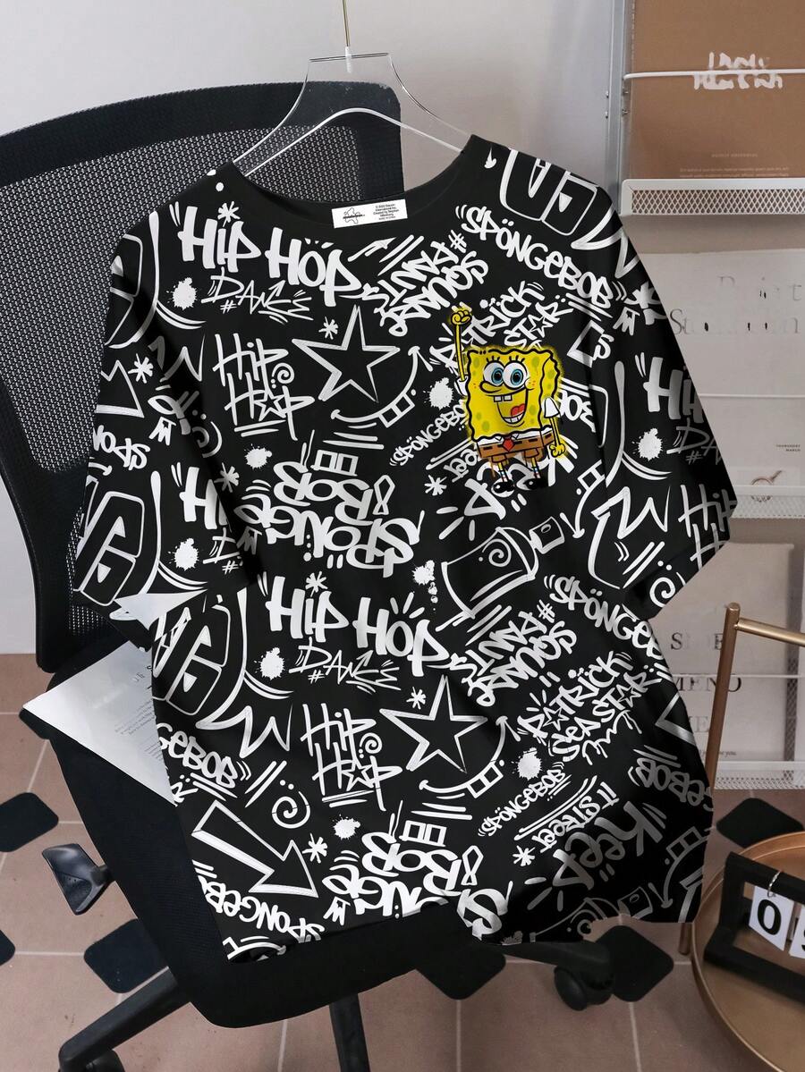 SpongeBob SquarePants | SHEIN 青少年男孩休闲时尚街头卡通及全身字母印花宽松 T 恤，夏季 - 白色 - 查看 1