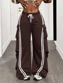 BamGleam 复古条纹撞色运动裤，带褶皱口袋，宽松休闲羊毛运动裤，适合秋季 - 棕色 - 查看 8