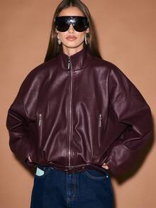 KIZN Oversized Faux Leather Bomber Jacket With Zip Front Closure Winter Outerwear