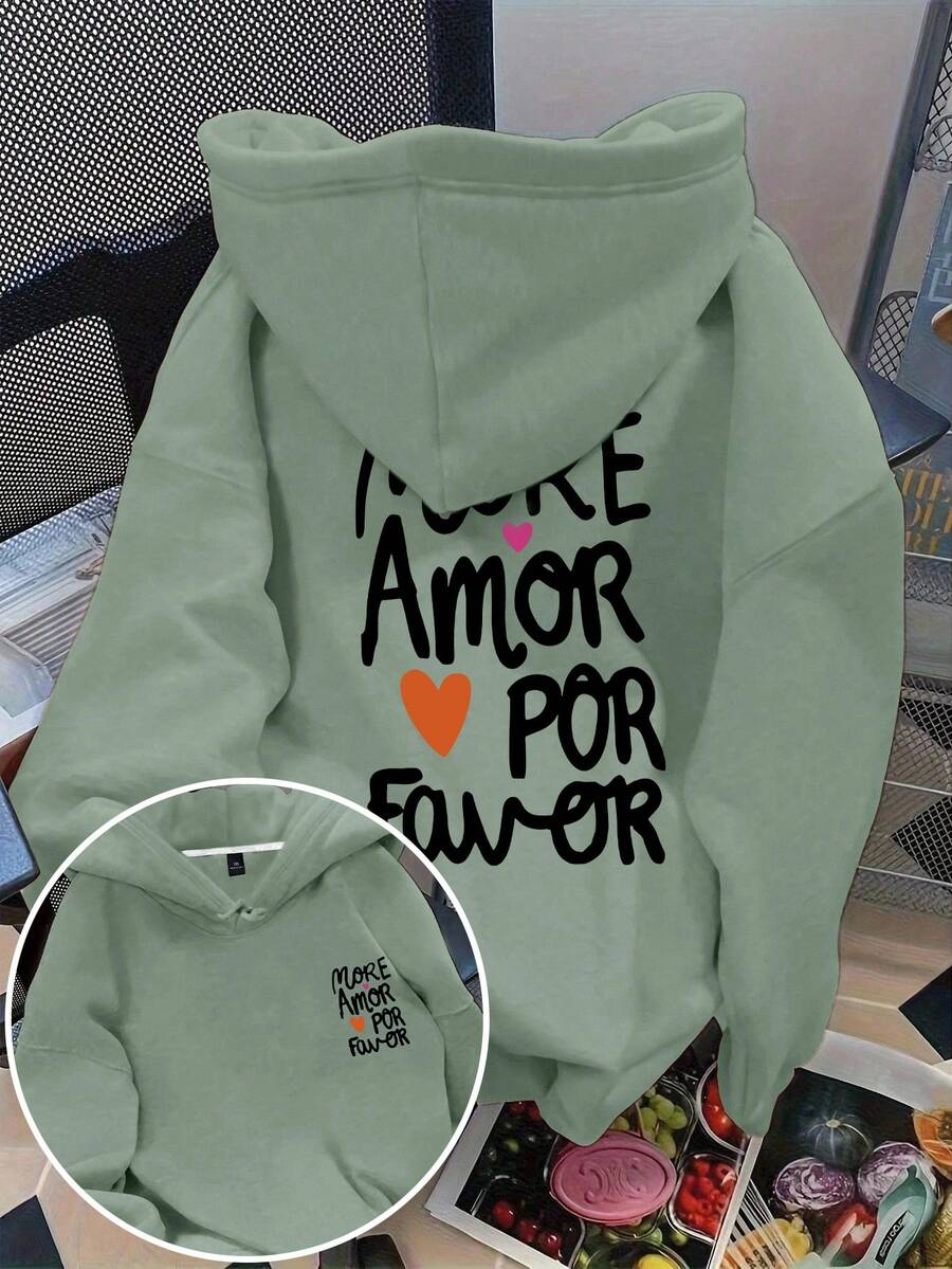 Flirla Sudadera con cordón y estampado de la frase "talla grande amor por favor" para mujer de talla grande - Verde Oliva - Ver 1