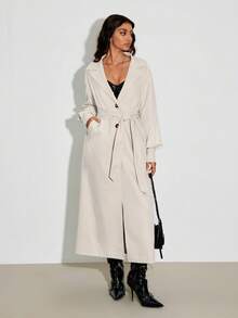 SHEIN Unity 1 件女式风衣，纯色配腰带，单排扣，落肩，泡泡袖，长袖，斜插口袋，简约优雅，适合秋冬季 - 白色 - 查看 3