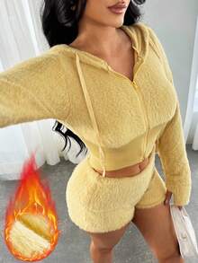 SHEIN SXY 女士奶油色拉链连帽衫和短裤套装，秋冬 - 黃色 - 查看 1