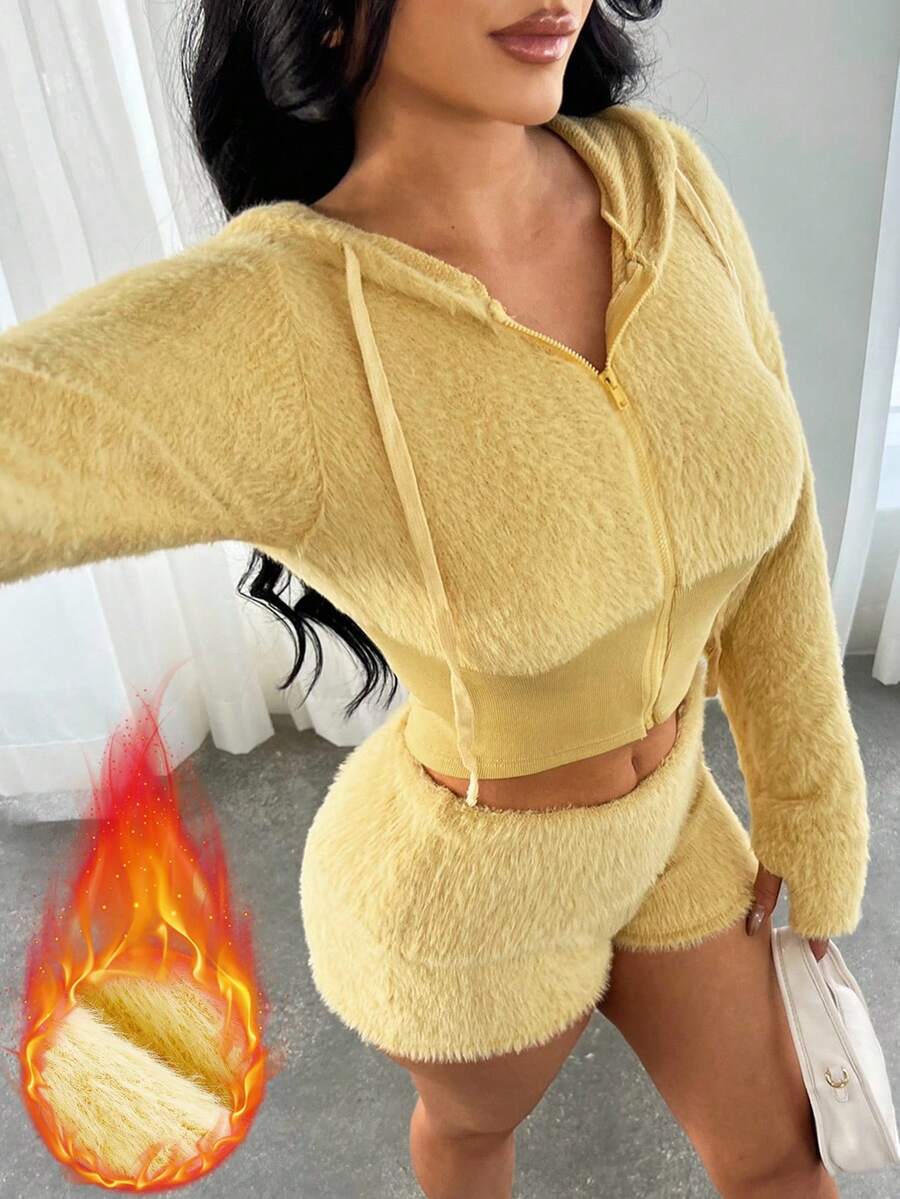 SHEIN SXY 女士奶油色拉链连帽衫和短裤套装，秋冬 - 黃色 - 查看 1
